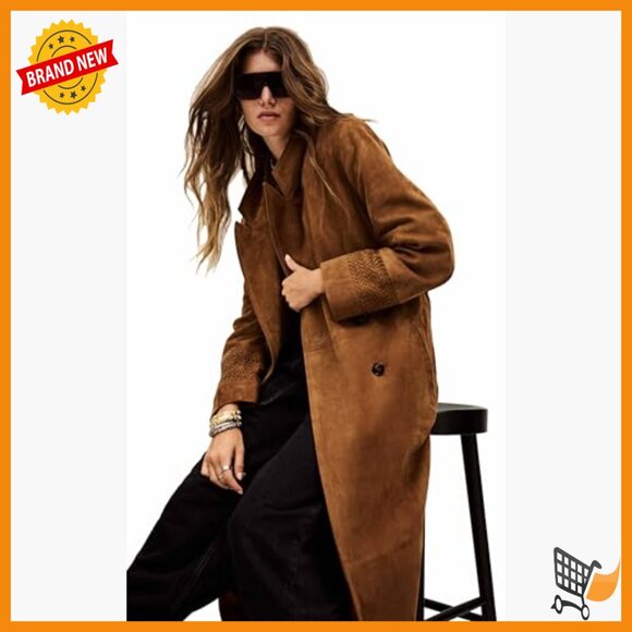 Extra Long Suede Trench Coat, Double Breasted, Dry Clean Only - Picture 2 of 6